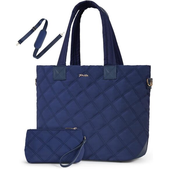 Prite Women Blue Polyester Compartment Quilted Puffer Shoulder Tote Work Bag - Picture 1 of 7